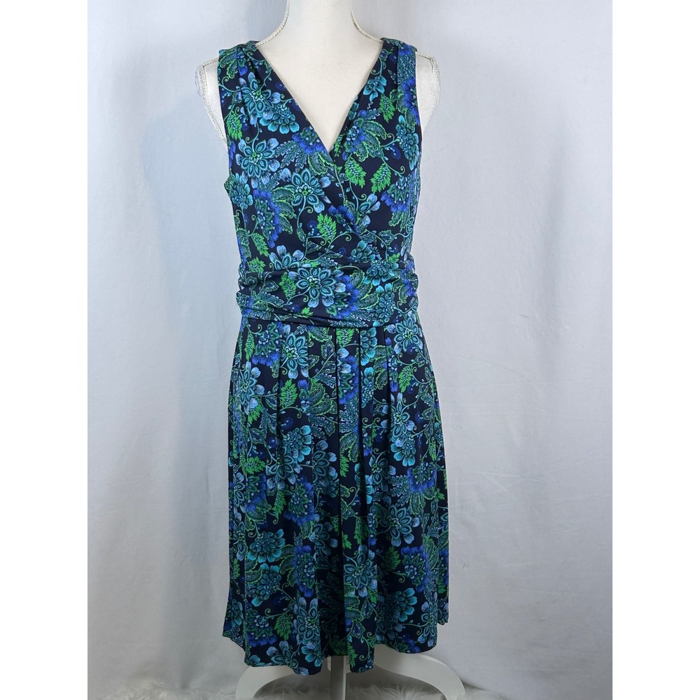 Talbots Dress Womens 10P Blue Green Floral Faux Wrap V-Neck Knee-Length